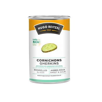 Cornichons en rondelles aigres-doux, sans conservateurs, additifs et arômes, boîte 5/1